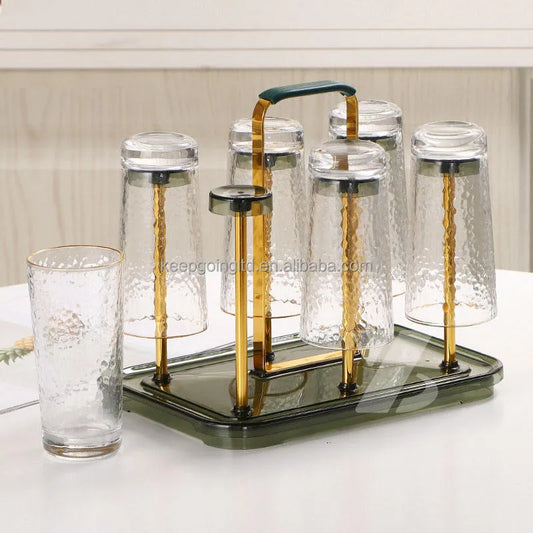 6 Hook Metal Glass Stand with Plastic tray
