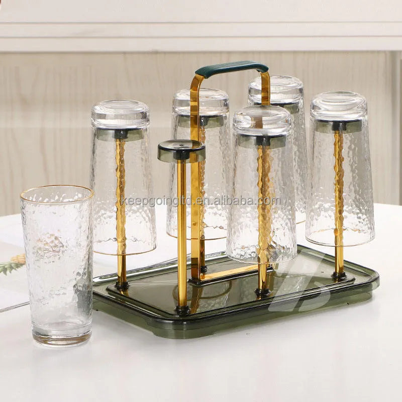 6 Hook Metal Glass Stand with Plastic tray