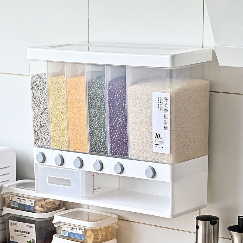 Wall mounted cereal dispenser rice bucket dispenser multi compartments waterproof and moisture-proof rice storage box for kitchen